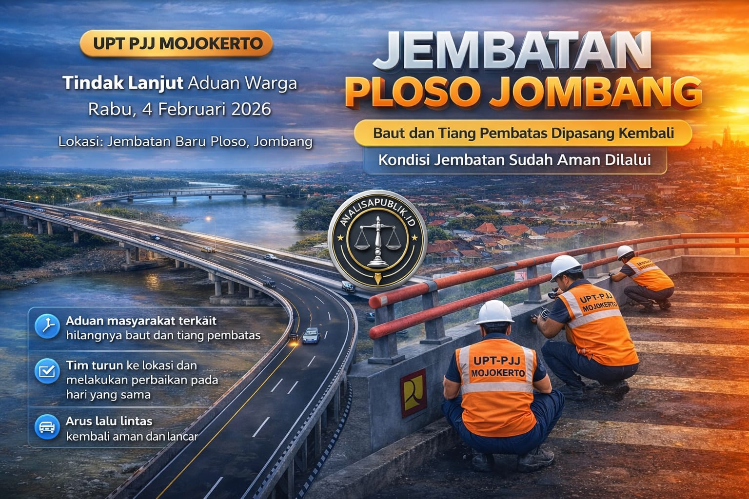 Baut dan Tiang Pembatas Jembatan Ploso Jombang Sempat Hilang, UPT PJJ Mojokerto Lakukan Perbaikan Hari Itu Juga