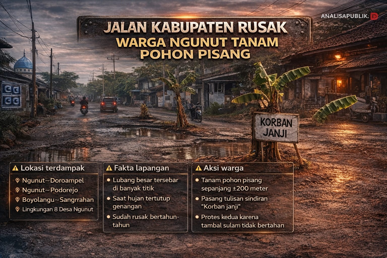 Jalan Kabupaten Rusak, Warga Ngunut Tanam Pohon Pisang sebagai Bentuk Protes