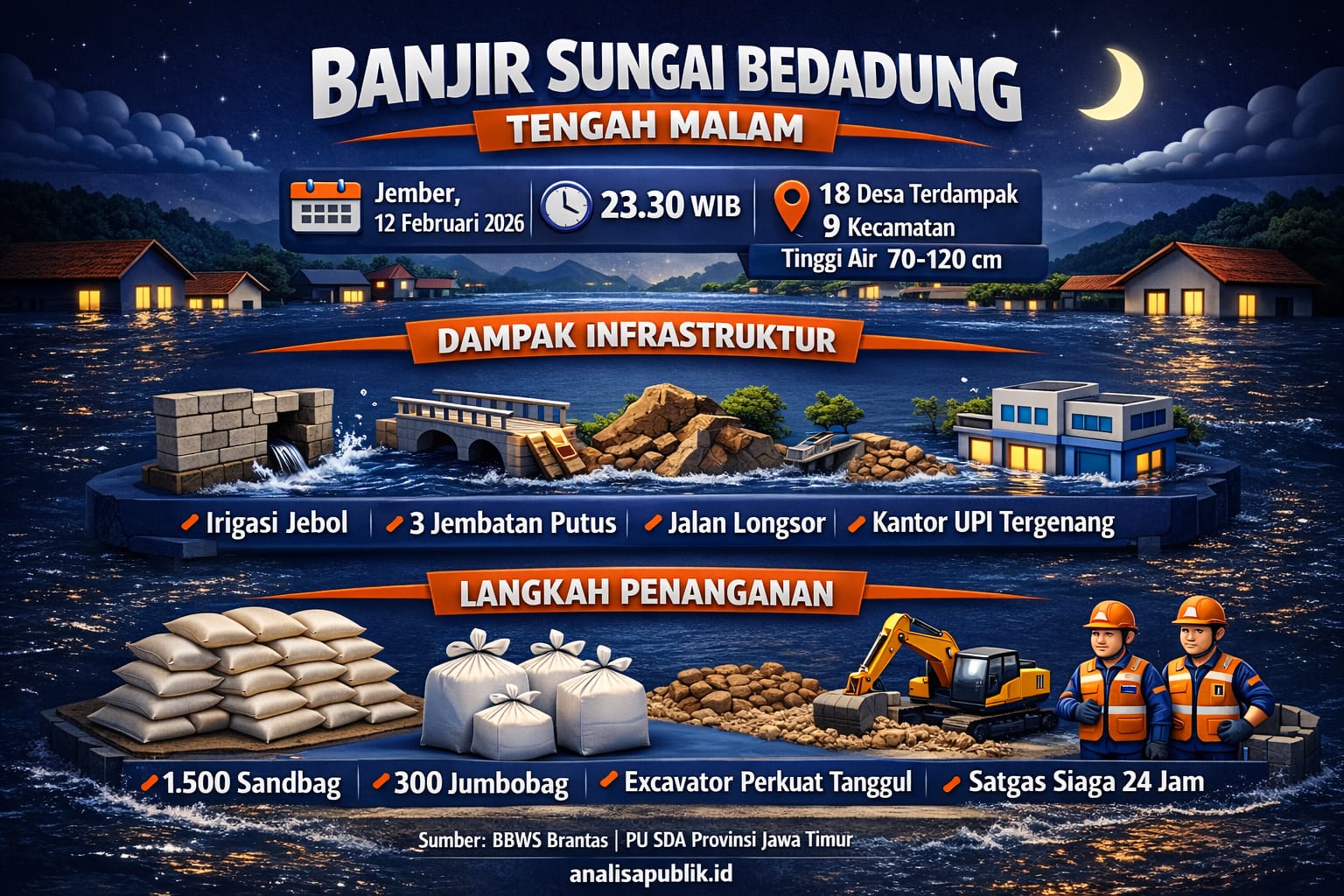 Balai Besar Wilayah Sungai Brantas dan PU SDA Provinsi Jawa Timur Tangani Banjir Sungai Bedadung Tengah Malam