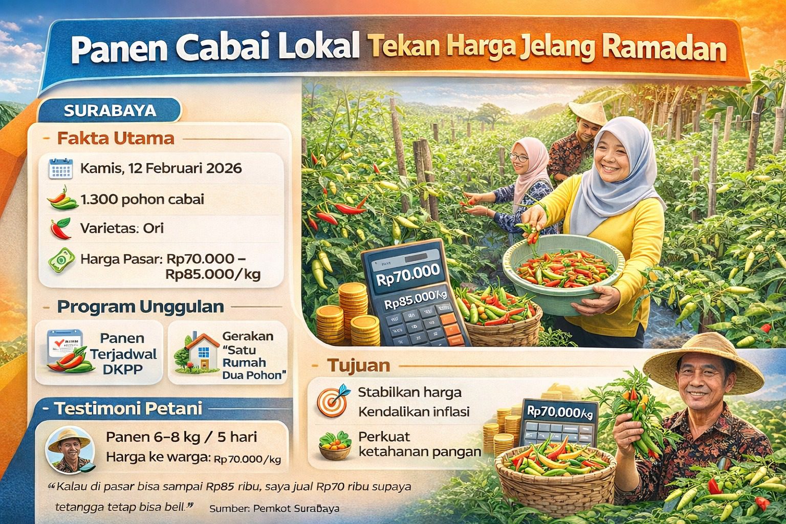 Tekan Gejolak Harga Jelang Ramadan, Pemkot Surabaya Panen Cabai Rawit di Lahan Kelompok Tani