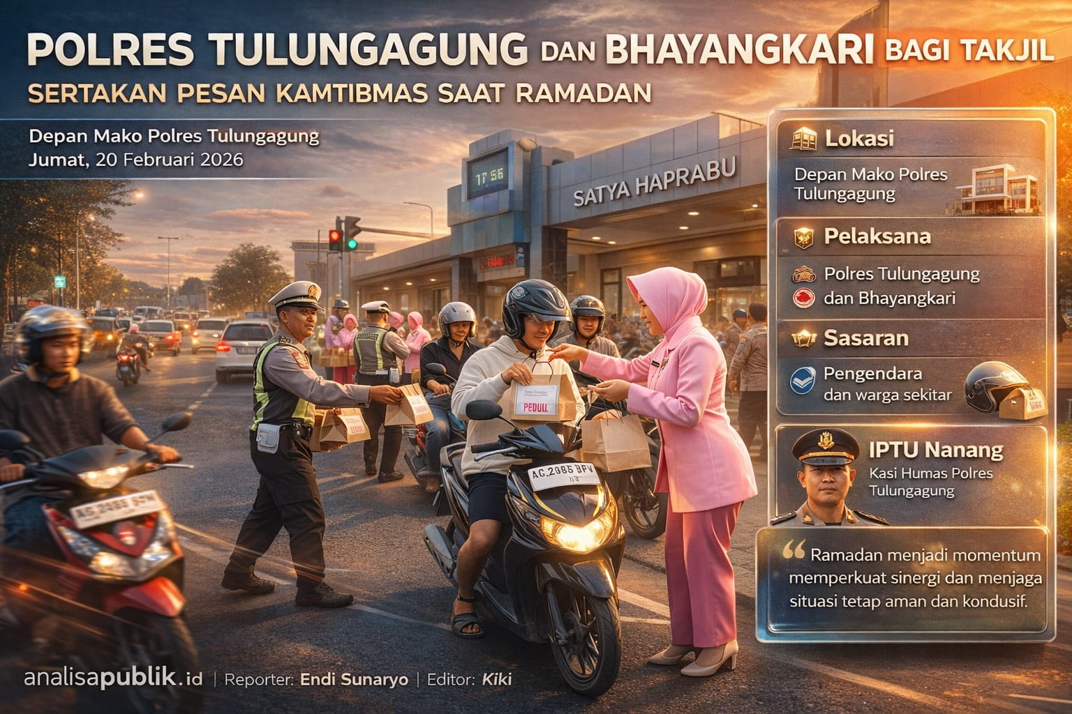 Polres Tulungagung dan Bhayangkari Cabang Tulungagung Bagi Takjil didepan Mako, Sampaikan Himbauan Kamtibmas