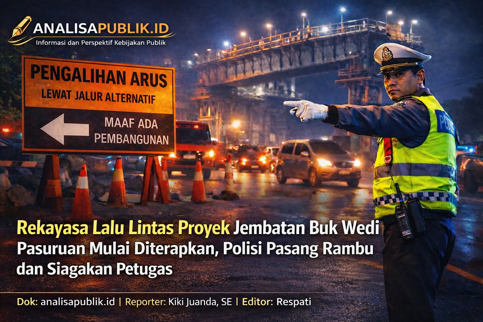 Rekayasa Lalu Lintas Proyek Jembatan Buk Wedi Pasuruan Mulai Diterapkan, Polisi Pasang Rambu dan Siagakan Petugas
