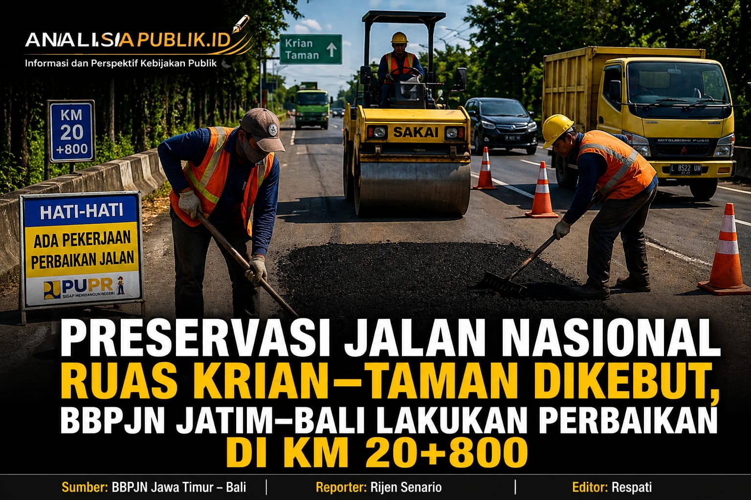 Preservasi Jalan Nasional Ruas Krian–Taman Dikebut, BBPJN Jatim–Bali Lakukan Perbaikan di KM 20+800