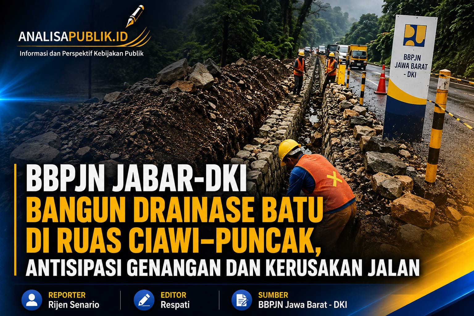 BBPJN Jabar-DKI Bangun Drainase Batu di Ruas Ciawi–Puncak, Antisipasi Genangan dan Kerusakan Jalan