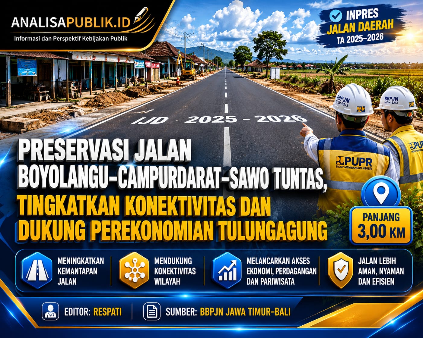 Preservasi Jalan Boyolangu–Campurdarat–Sawo Tuntas, Tingkatkan Konektivitas dan Dukung Perekonomian Tulungagung
