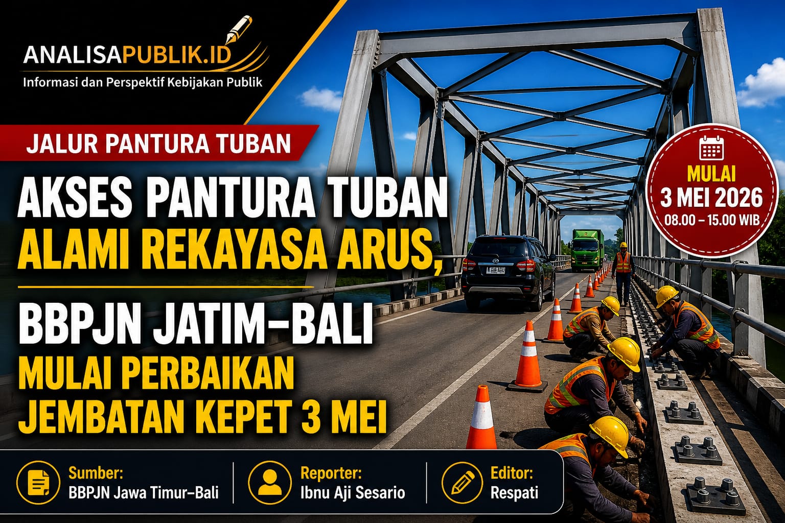 Akses Pantura Tuban Alami Rekayasa Arus, BBPJN Jatim–Bali Mulai Perbaikan Jembatan Kepet 3 Mei