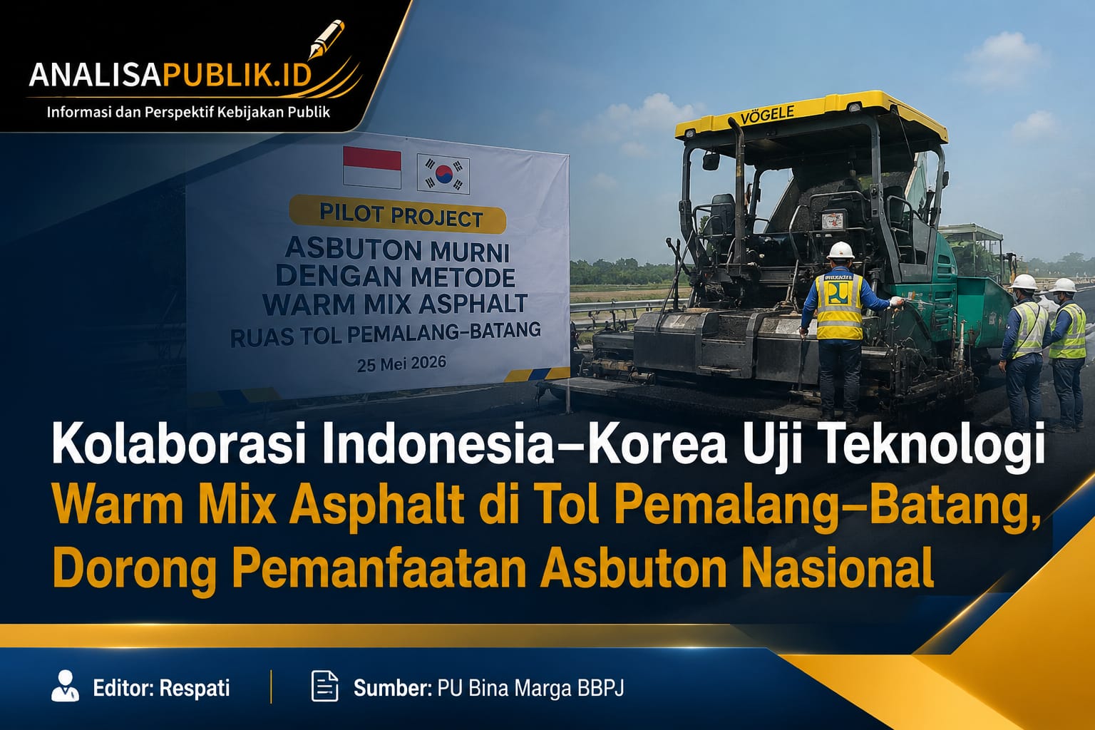 Kolaborasi Indonesia–Korea Uji Teknologi Warm Mix Asphalt di Tol Pemalang–Batang, Dorong Pemanfaatan Asbuton Nasional