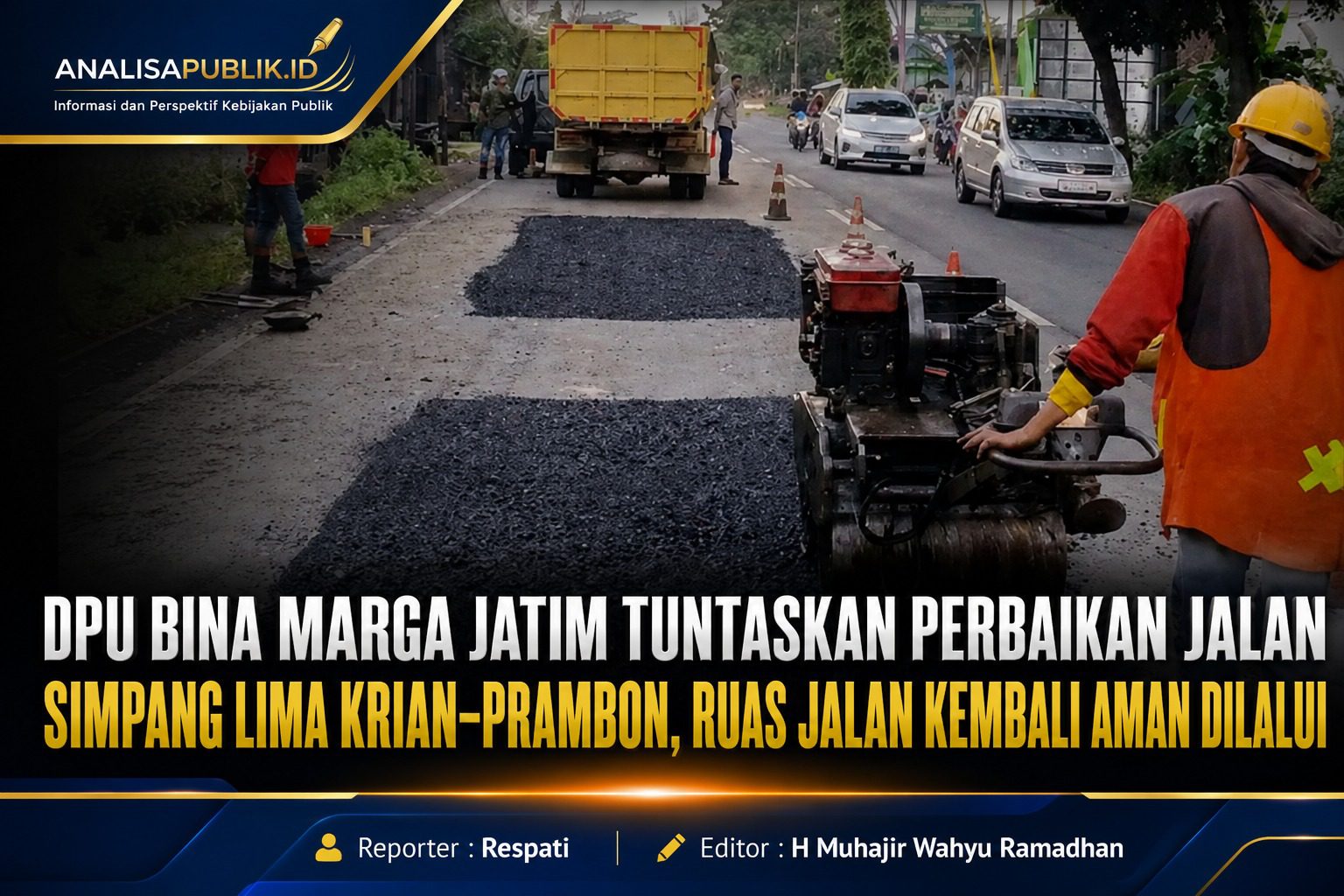 DPU Bina Marga Jatim Tuntaskan Perbaikan Jalan Simpang Lima Krian–Prambon, Ruas Kembali Aman Dilalui