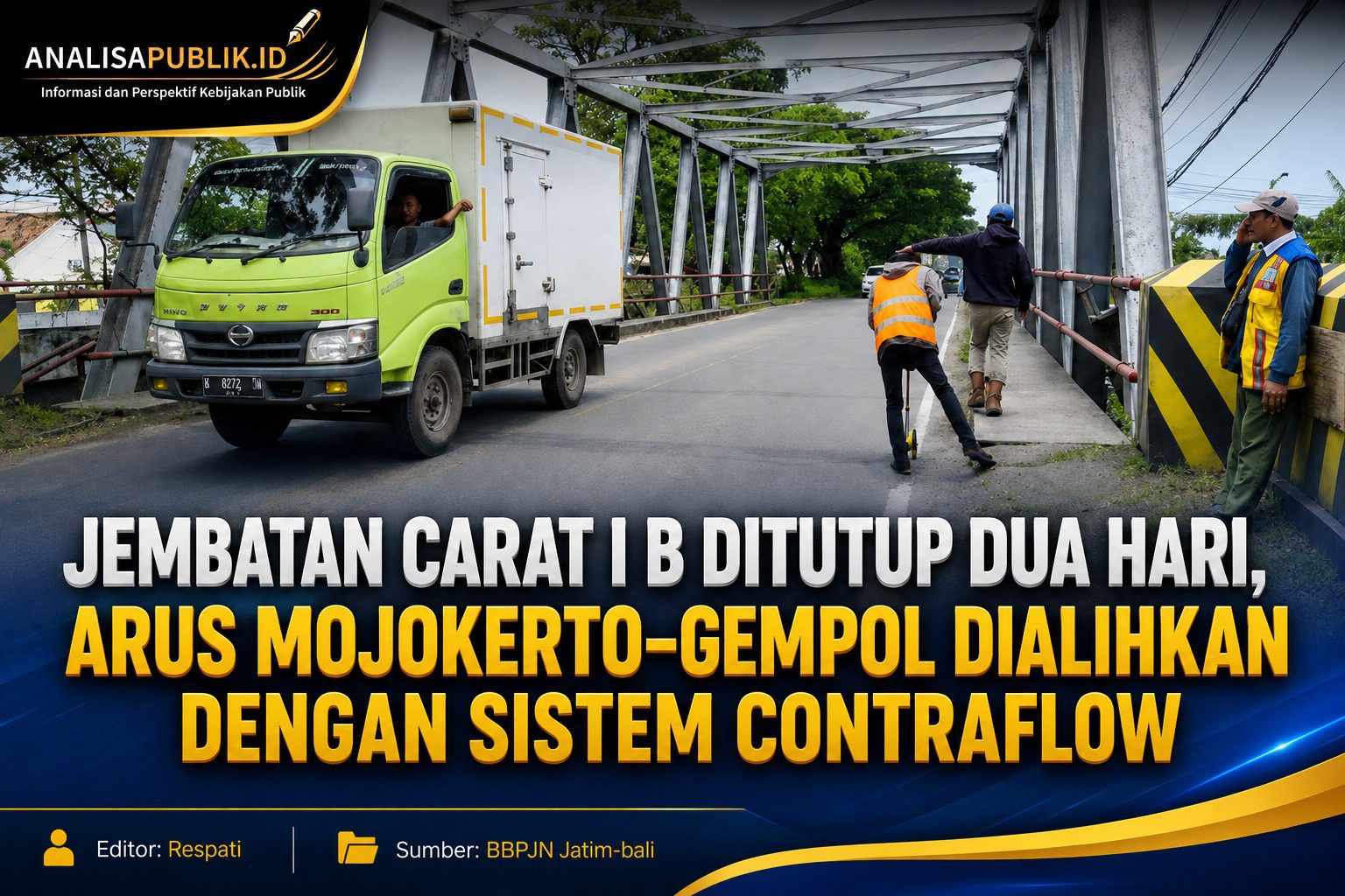 Jembatan Carat I B Ditutup Dua Hari, Arus Mojokerto–Gempol Dialihkan dengan Sistem Contraflow