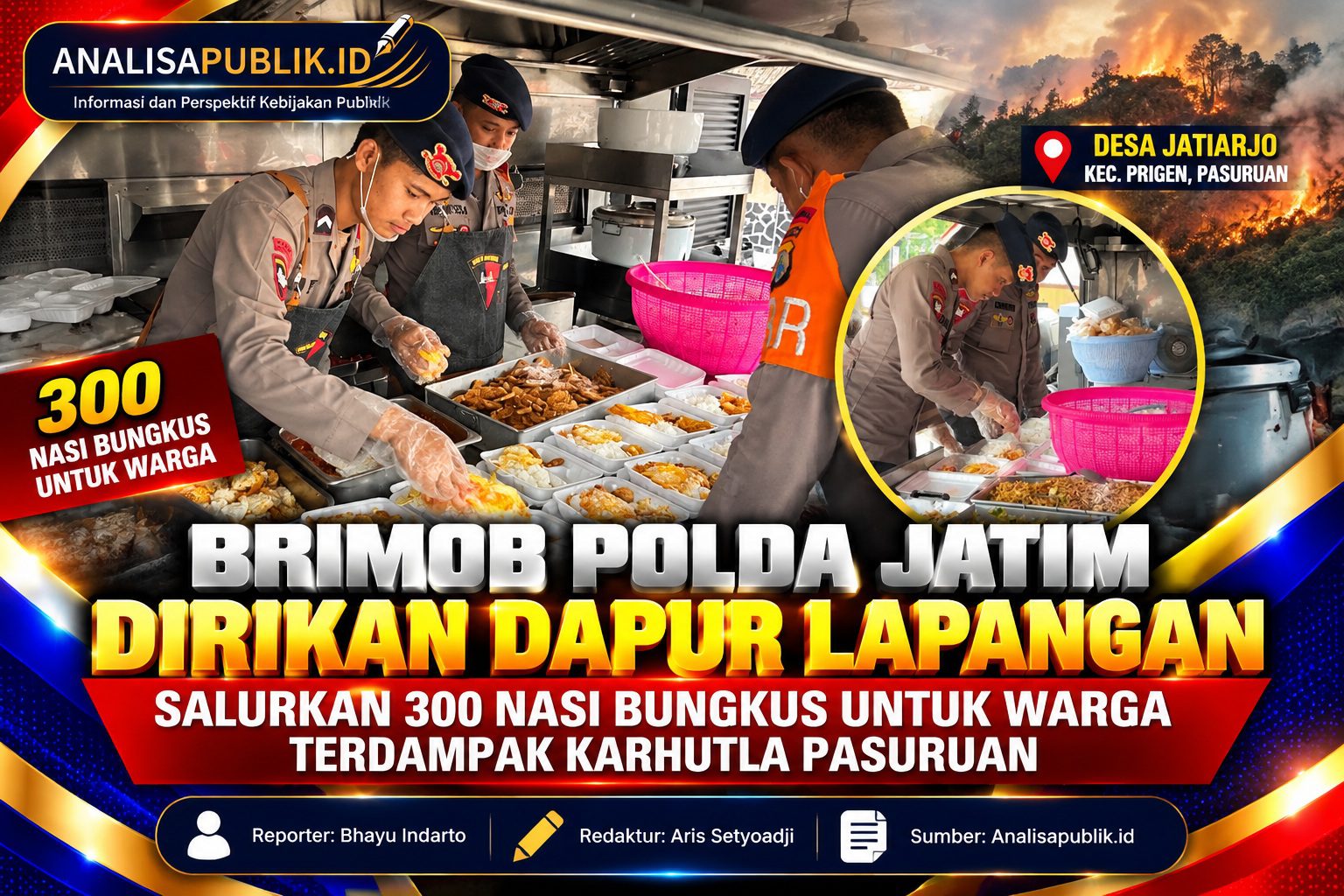 Brimob Polda Jatim Dirikan Dapur Lapangan, Salurkan 300 Nasi Bungkus untuk Warga Terdampak Karhutla Pasuruan