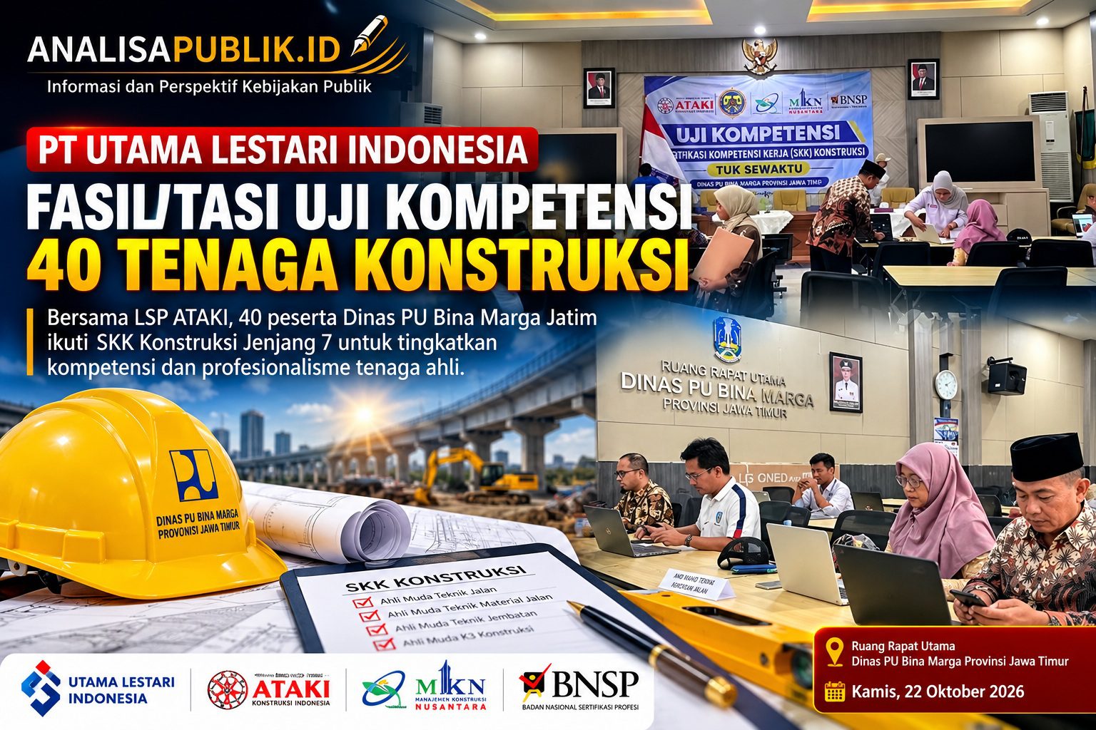 PT Utama Lestari Indonesia bersama LSP ATAKI memfasilitasi uji kompetensi 40 peserta Dinas PU Bina Marga Jatim untuk SKK Konstruksi Jenjang 7.